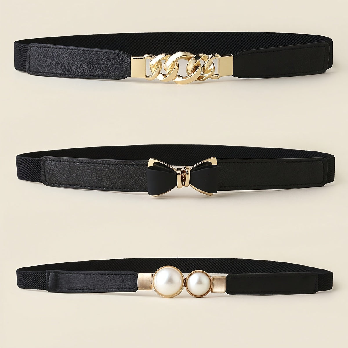 TEMU 3 piezas de cinturón elástico de mujer sencillo, fashion y versátil con hebilla de aleación de , cadena de arco anti-perla, adecuado para usar