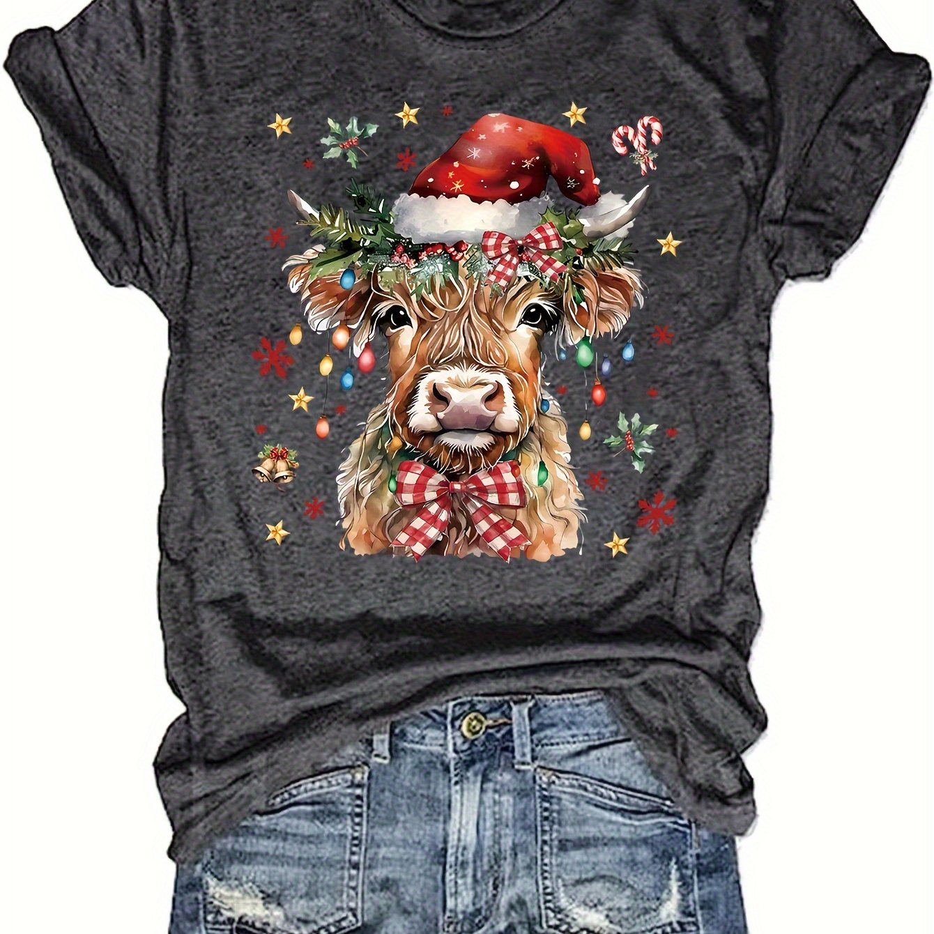 TEMU Women's Christmas T-shirt - Dark Background With Santa Cow, Soft Round Neck Tee For Holiday Parties, Family - Machine Washable Casual Top -