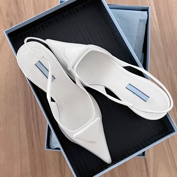 Designer high-heeled shoes P new Baotou back empty sandals for women summer 2024 new triangle logo cat heel pointed toe strap high heels
