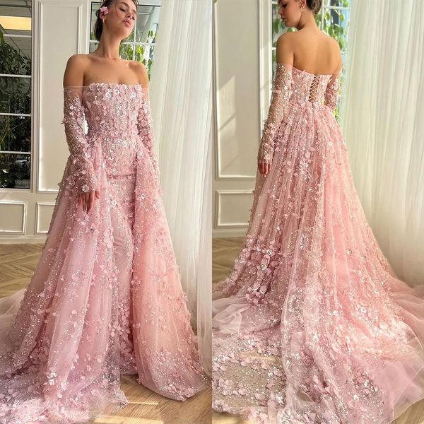 Romantic Off Shoulder Evening Dresses Sequins Mermaid Prom Gowns with Overskirts 3D-ral Appliques Long Sleeve Custom Made Party Dress