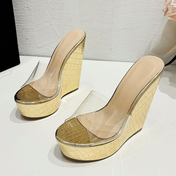 PVC Liyke Transparent Shoes For Women Platform Wedges Slippers Wide Band Round Head Open Toe Gold High Heels Summer Sandals e4fe