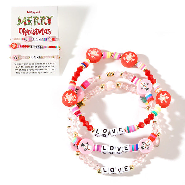 3Pcs Christmas Theme Handmade Polymer Clay & Glass Bicone Beads Stretch Bracelet Sets