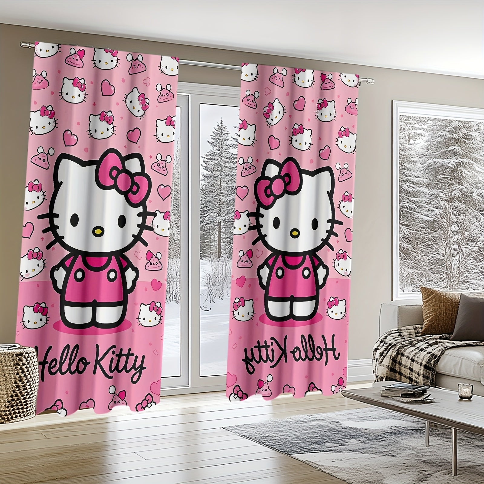 TEMU 2pcs Hello Kitty Window Curtains – Fun Background With Cat Prints, Machine Washable Polyester, Living Room, Bedroom, Game Party Décor Ideal For