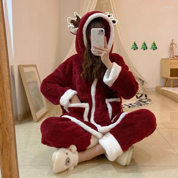 2023 Sleepwear Christmas Pamas Sets Fall Winter Loose Coral Fleece Can Be Worn Outside Long-Sleeved Womens Home Service Suit