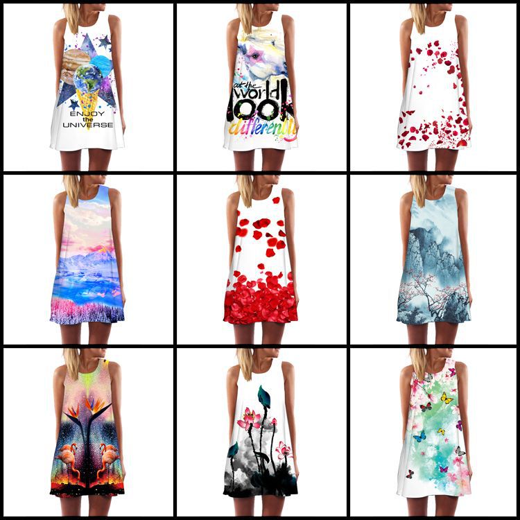B354 New European and American digital printing round neck strapless sleeveless vest large swing loose midi dress