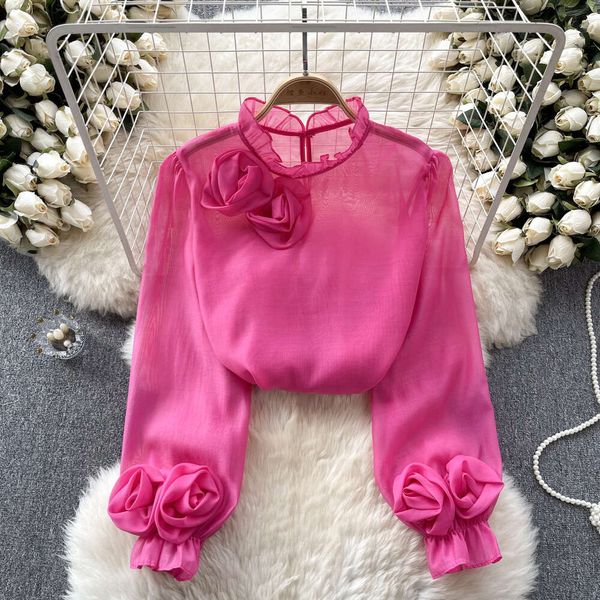 2024 Early Spring New Top Womens Design Sense Three Dimensional Flower Bubble Sleeves Reduce Age Ear Collar Chiffon Shirt Womens Trend