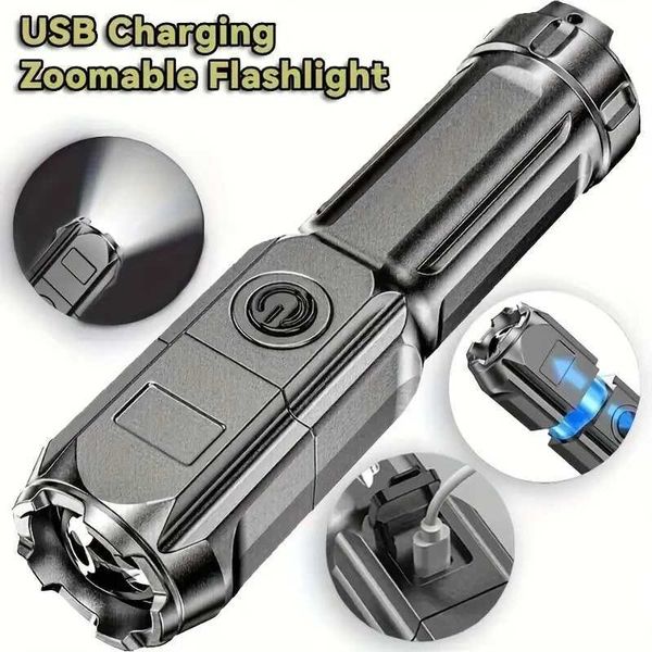Strong LED Flashlight With Telescopic Zoom Tactical Flashlight Rechargeable USB Portable Spotlight Remote Camping Flashlight Y240913