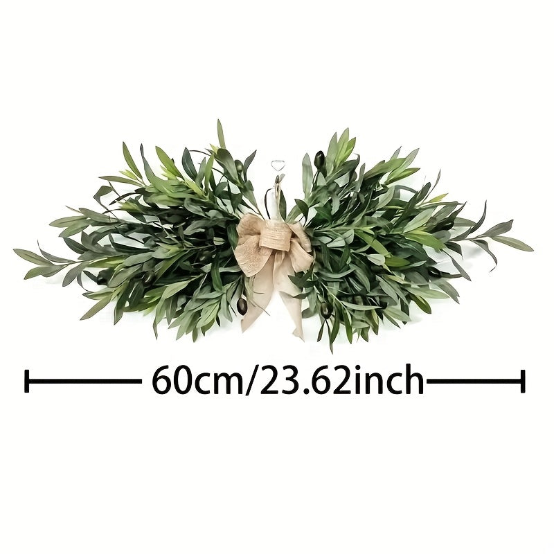 TEMU Artificial Wreath With Country-style Linen Bow - Plastic Green Plant Wall Decoration For Weddings, Christmas And Festivals, Maintenance-