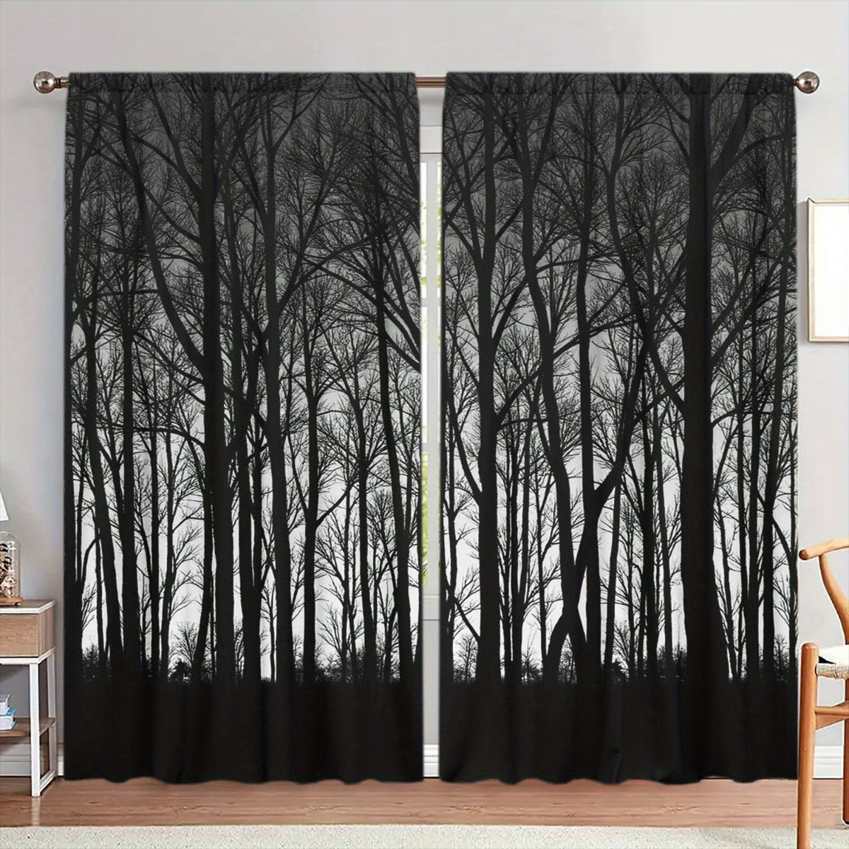 TEMU 2 Panels Modern Blackout Window Curtains With Birch Tree Print - Thermal Insulated, Light Blocking, Privacy Drapes For Bedroom And Living Room,