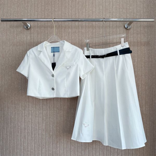 Designer women set Two Piece Dress summer spring Wearing a belt triangular college stylecoat jacket Fashion girl autumn top high waist skirt