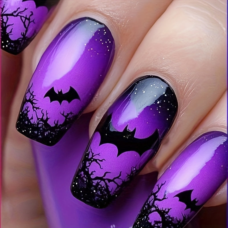 TEMU 24pcs Halloween Press-on Nails - Glossy Finish With Bat, Moon, Stars & - Medium Length Detachable Nail Art For Halloween Parties, Festive Nail