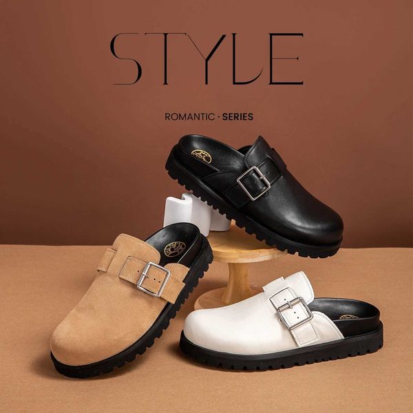 Slippers New Classic Round Head Cabeça Versátil Feminino Feminino Fiz com Sapas de Botão Anti Slip Grosso Para Ladies Pasiando Boken Shoes Y
