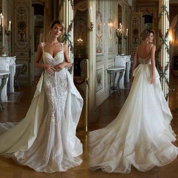 ful Lace Appliques Wedding Dress Spaghetti Straps Mermaid Bridal Gowns with Overskirts Bride Dresses Backless Sweep Train Customized Vestido
