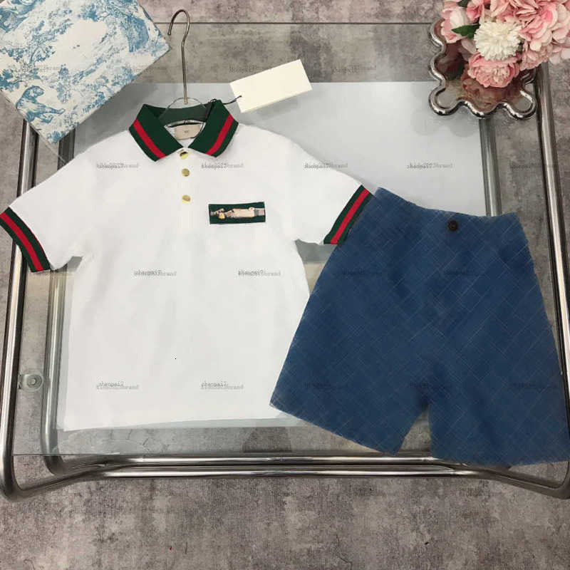 Top baby T-shirt set Summer Grid printing two-piece boys girls tracksuits kids designer clothes POLO shirt and Denim shorts A162X05N148