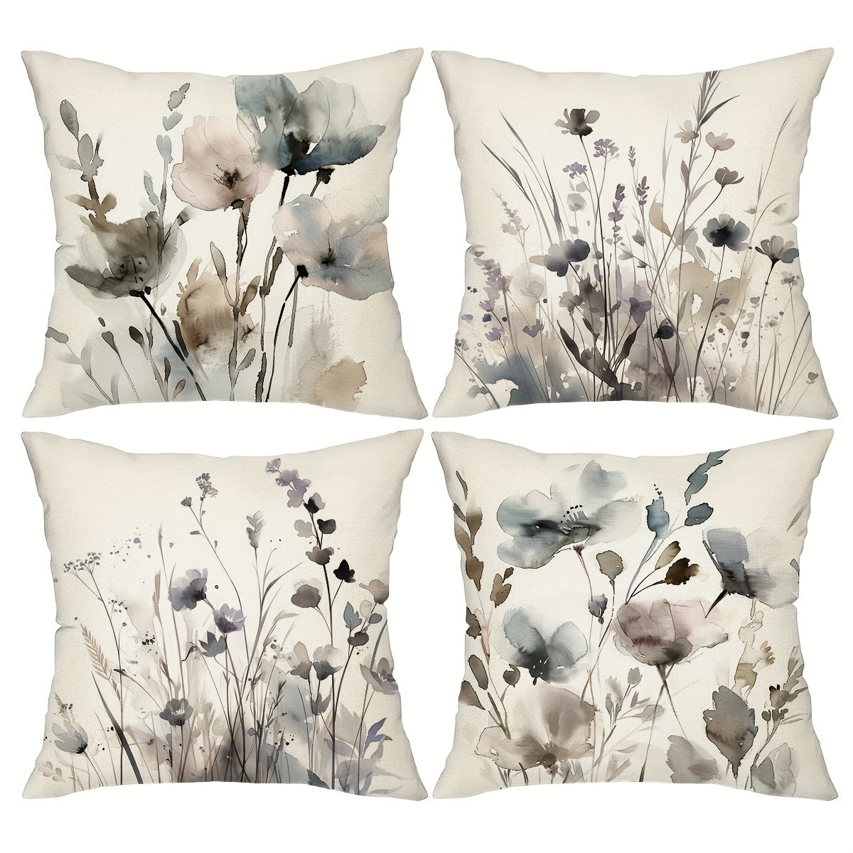 TEMU Set Of 4 Watercolor Ink Painting Flower Leaves Burlap Throw Pillowcases Cushion Cover Protector 18'x18' Home Sofa Decorative Pillow Covers