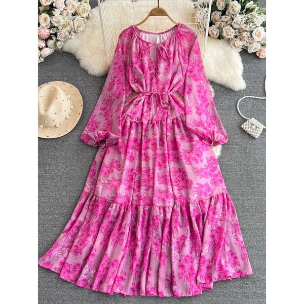 Summer French Tea Break Big Swing Skirt Gentle Style Long Sleeved V-neck Waist Cinching for Slimming A-line Ruffle Edge Printed Dress Denim
