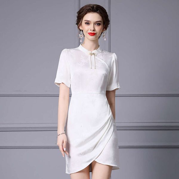 New Chinese Style Acetic Acid Cheongsam Dracaena Sanderiana Jacquard Stand Collar Pan Buttocks Dress Short 2024 Summer Oversize Dress Lace D