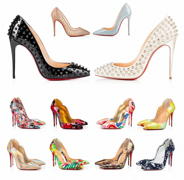 Designer high heels dress shoes red bottomed shoe women luxury red bottom Rivets triple black white Patent leather suede 8cm 10cm 12 cm part