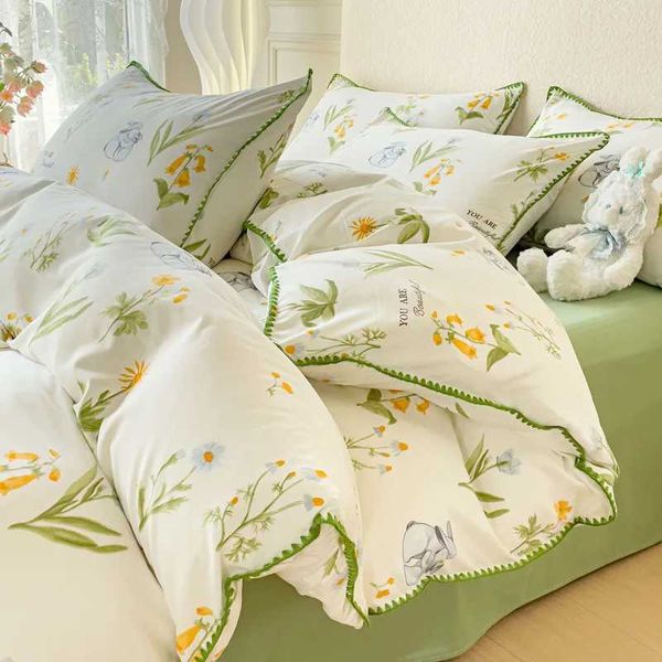 Green Pastoral Girls Flower Bedding Set Washed Cotton Bed Linen Soft Quilt Cover Sheet case Simple Bedspread Home TextilesC241207