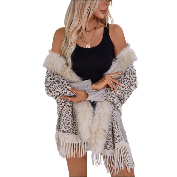 Leopard Fur collar women cape cardigans knitting sweater coat autumn and winter thick warm new loose bat sleeve tassel sweater shawl woman E