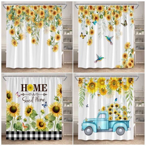 Flower Sunflower Shower Curtain Butterfly Hummingbird Watercolor Plant Bath Curtain Modern Polyester Bathroom Decoration W240808