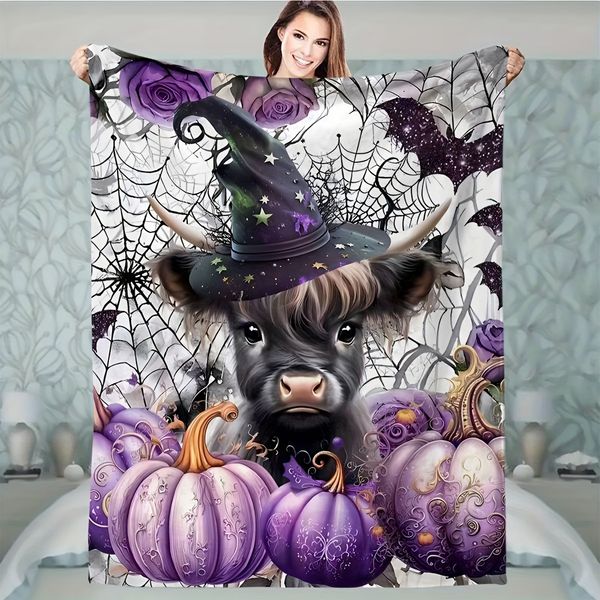 Cozy Halloween Flannel Throw Blanket Cute Highland Cow Witch Pumpkin Bat Design Soft Plush Warm for Travel Camping Home Sofa Decor ph1072 C4