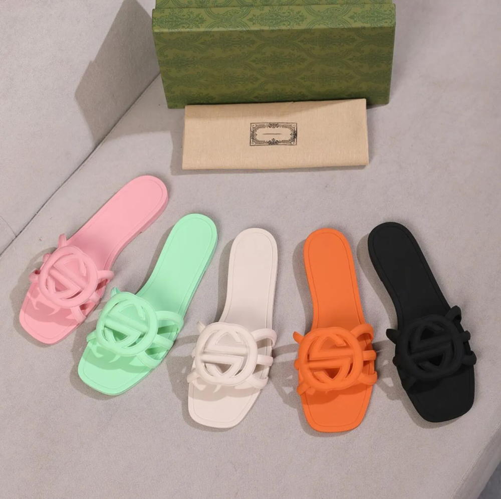 Sandals Slides Interlocking Slippers Women Flat Beach Jelly Script Orange Fall Mules Outdoor Waterproof Luxury Sandals Summer Size 35-42