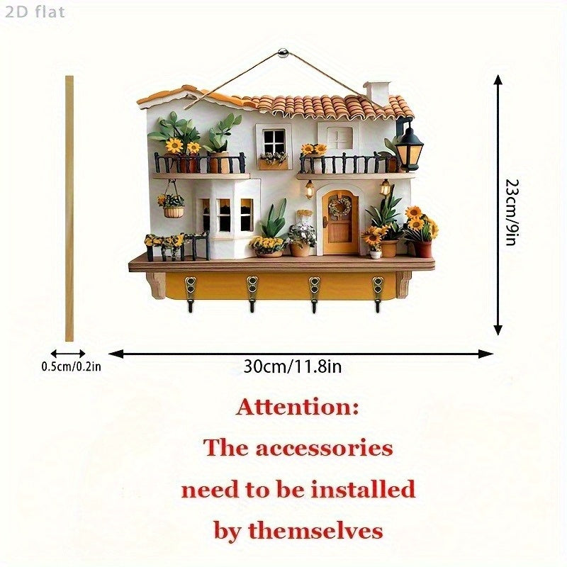 TEMU 2d Flat, 1pc, Sunflower Cottage, Wooden Multifunctional Home Key Hanger (29.97cm X 22.86cm), With 4 Metal Hooks, Wall Decoration, Porch