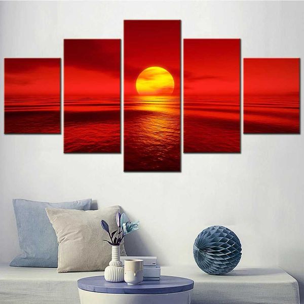 Modular 5-panel canvas wall art picture sunset in the Red Sea poster printing canvas painting for living room decoration photo frame W241109