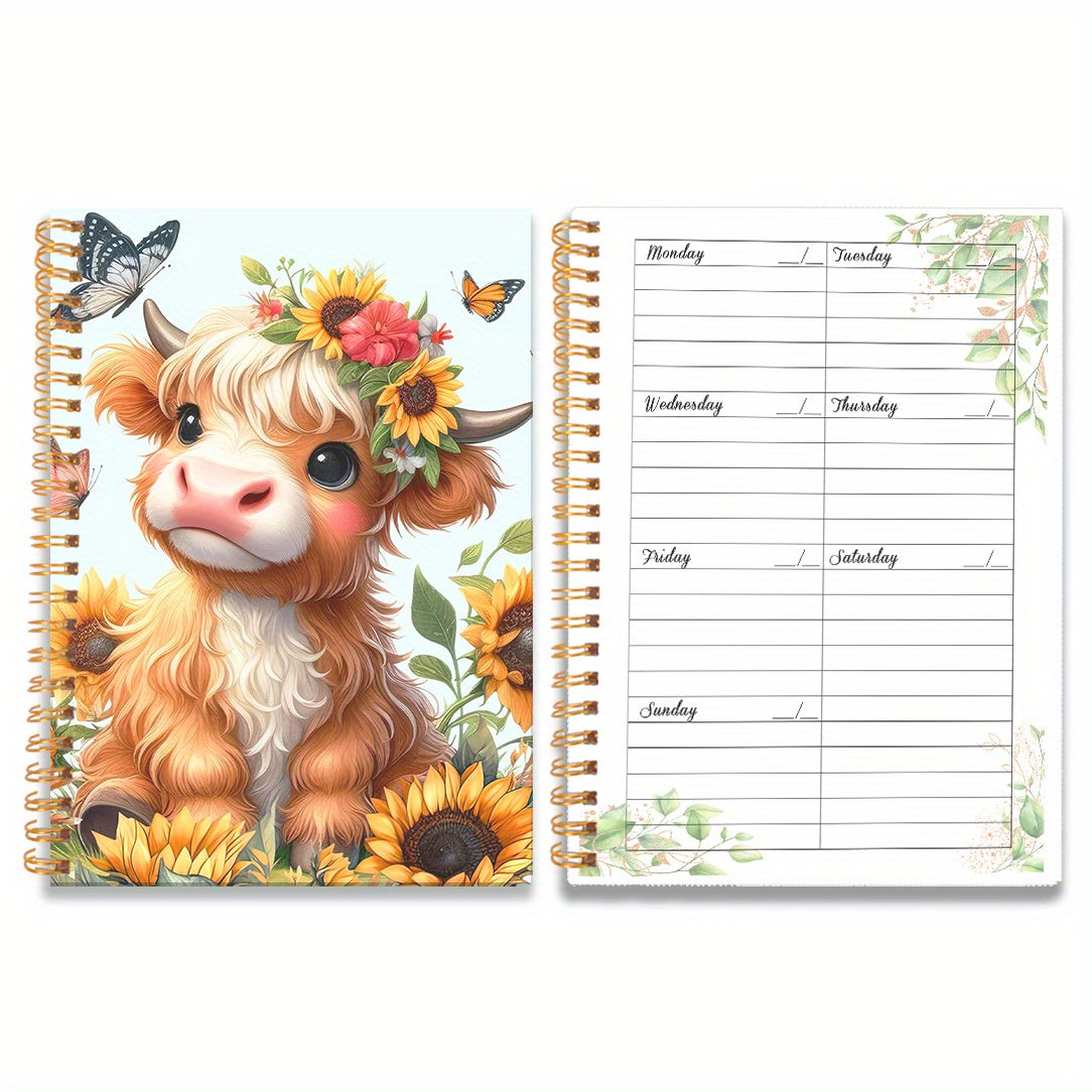 TEMU 1pc A5 Cow & Weekly Planner Notebook - Undated, Spiral Bound, With Sunflowers & Butterflies, Daily & Weekly Layout For & Planning, 50 Sheets,