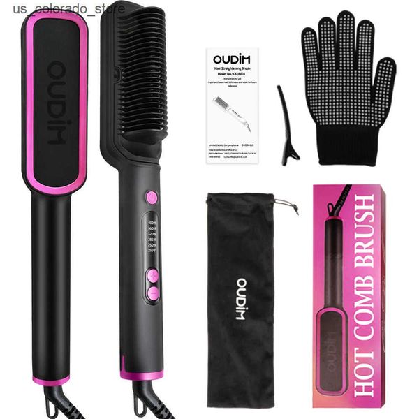 Electric Hair Brushes OUDIM Hair Straightener Brush with Six Temperature Settings Ionic Hair Straightening Brush Flat Iron For Women Anti-Sc