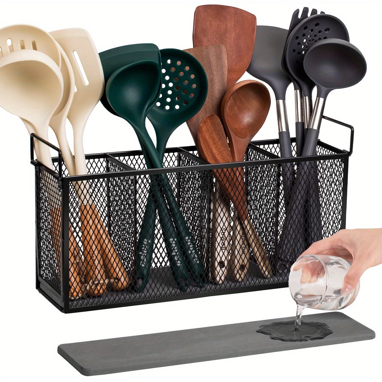 TEMU Kitchen Utensil Holder With Diatomaceous Earth Base, Large Utensil Holder For Kitchen Counter, Black Kitchen Cooking Utensil Holder Organizer