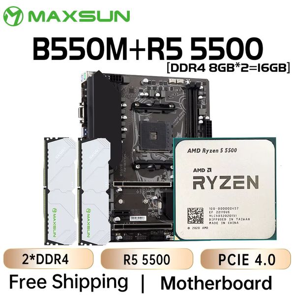 MAXSUN Gaming Motherboard Set B550M with Ryzen 5 5500 CPU 3.6GHz Six-Core Twelve-Thread Dual Channel DDR4 8GBx2 3200MHz RAM