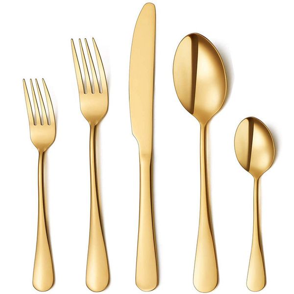 5Pcs-Set Gold Flatware Set Stainless Steel Silverware Cutlery Set Tableware Western Dinnerware Golden Fork Spoon Steak Kitchen Utensil HW016