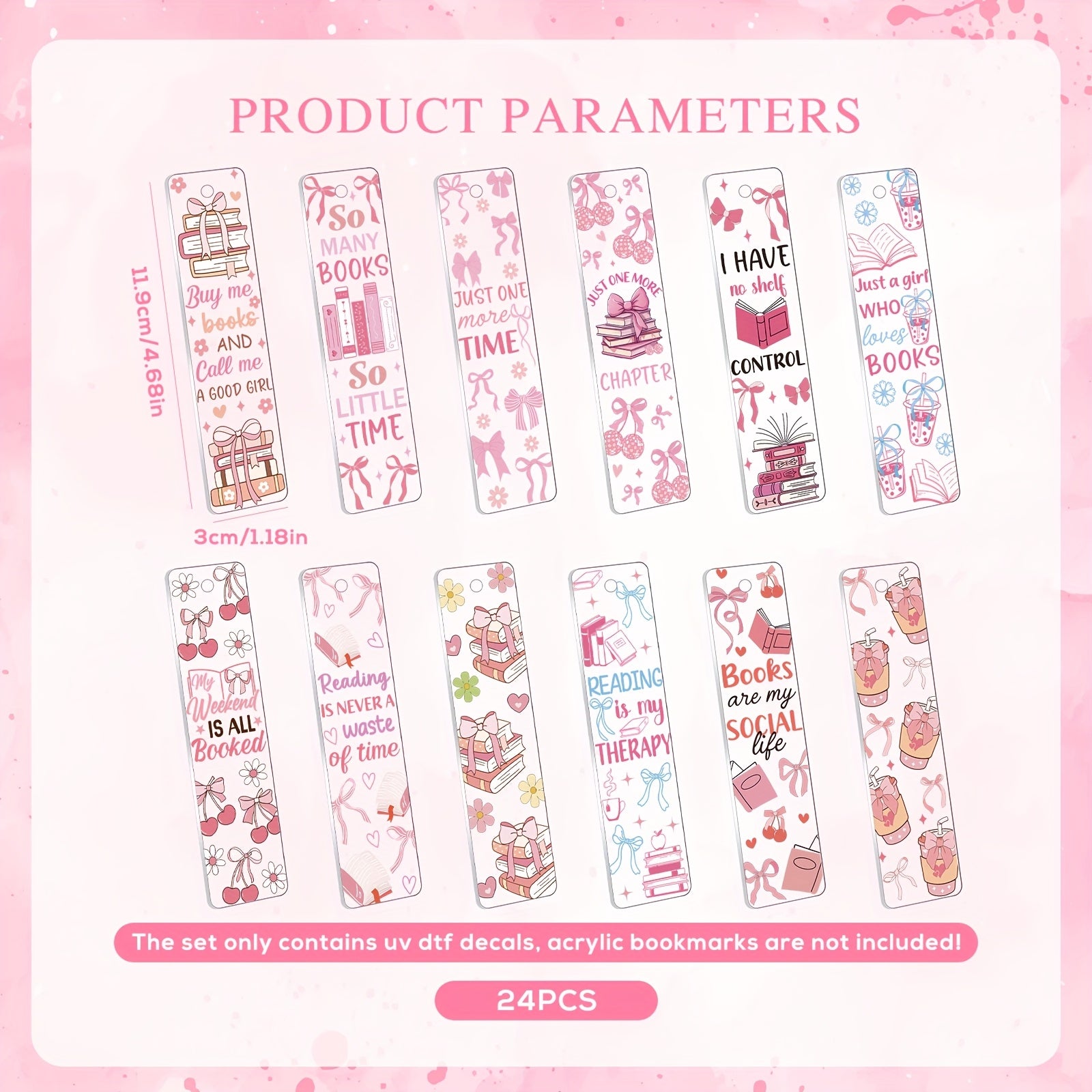 TEMU 24 Sheets Uv Dtf Bookmark Wraps - Pink & -on Transfer Stickers With Hearts, Bows, Book-themed Phrases & Tassels-like Borders For Diy Acrylic
