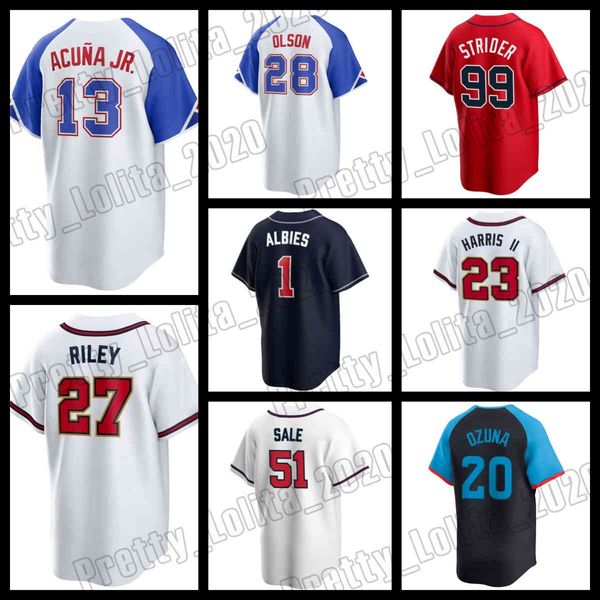 13 Ronald Acuna Jr. Baseball Jersey 27 Austin Riley Chipper Jones Spencer Strider Matt Olson Braves Michael Harris II Chris Sale Ozzie Albie