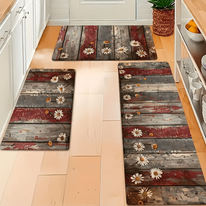 TEMU 2-3 Set Farmhouse Floral Kitchen Rug - Floor Mat, Spring And Summer, Outdoor Theme, Fade-resistant And Easy To Clean, Machine Washable Polyester