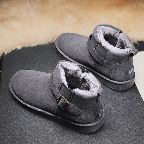 High quality Winter high top plush snow boots northeast wearing, casual buckle cotton for men, suede Korean version solid color bread shoes