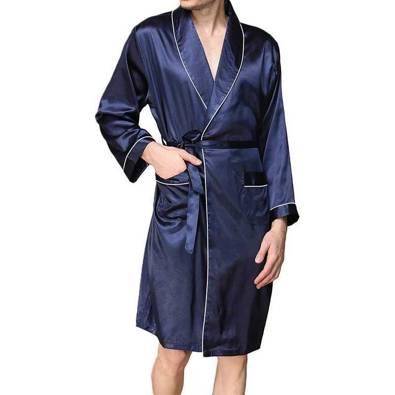 Mens Satin Bathrobe with Belt Long Sleeve V-neck Night Robe Sleepwear Soft Loungewear with Pockets Y240919