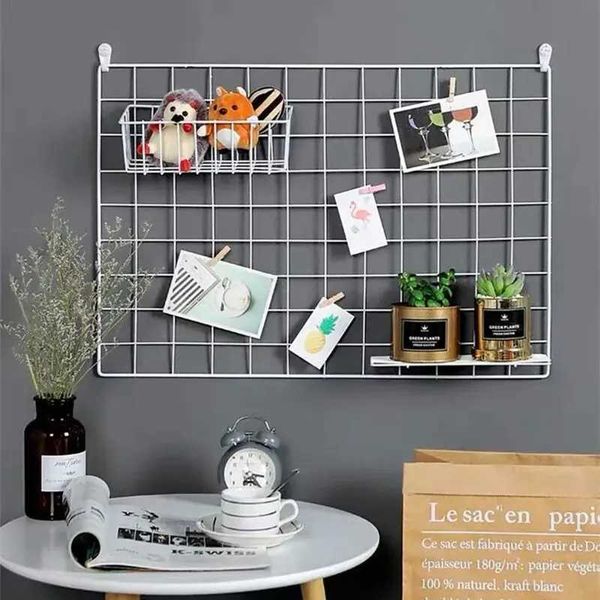 Nordic Iron Grid Wall Art Decoration Shelf Home Decor Bedroom Photo Frame Postcards Mesh Display Storage Organizer Rack Holder Y240730