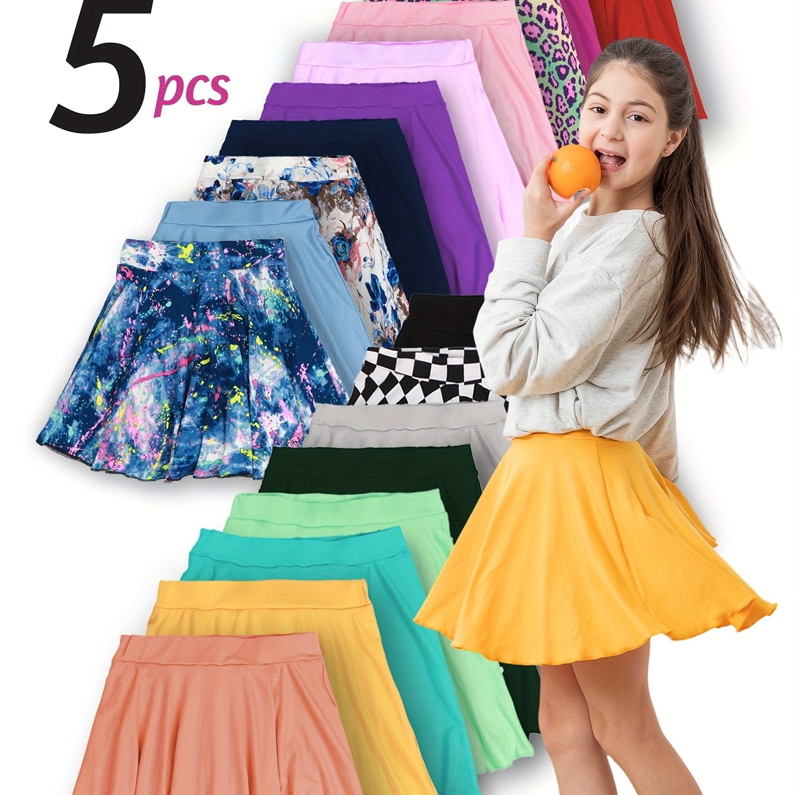 TEMU 5pcs Girls' Stretchy Soft Skort Set - Vibrant & Comfy Polyester-spandex Blend, Elastic Waist Casual Skirts With Large Swing - Spring-summer -