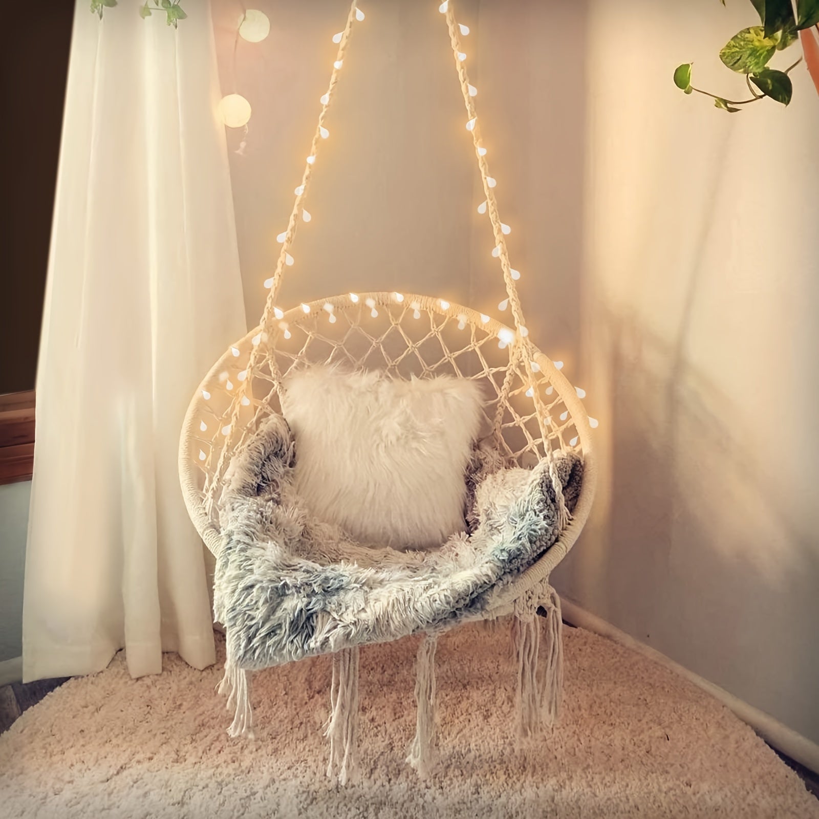 TEMU Hanging Chair For Bedroom Hammock Chair Swing With Lights And Hardware Kits To 550lbs Macrame Swing Chair Hanging Cotton Rope Swing Chair For
