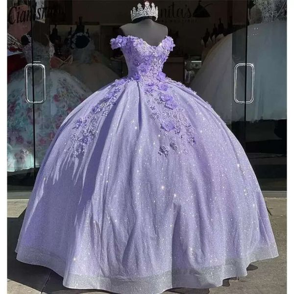 Lavanda BG LACIN LACE SWEET 16 Quinceanera Vestidos fora do ombro 3D Ral Apliques Reset vestidos de 15 anos mascarerade xv vestido bc14063