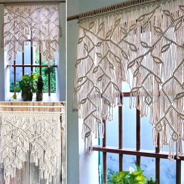 Hand-made Macrame Leaf Patter Curtain Tapestry Bohemia Hanging Window Door Tassel Curtain Wall HangingTapestry Room Decoration 240115