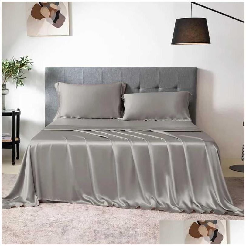 Bedding Sets 100 Mulberry Silk 4-6 Piece Bed Sheet Set Solid Color Luxurious Flat Pillowcase Washable And Softxj250303 Drop Delivery Otpux