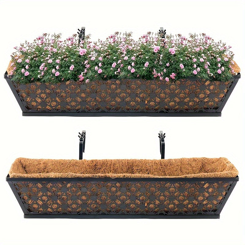 TEMU 24 Inch 2 Pack Window Boxes With Coco Liners, Garden Trough Black Metal Hanging Window Basket Planter