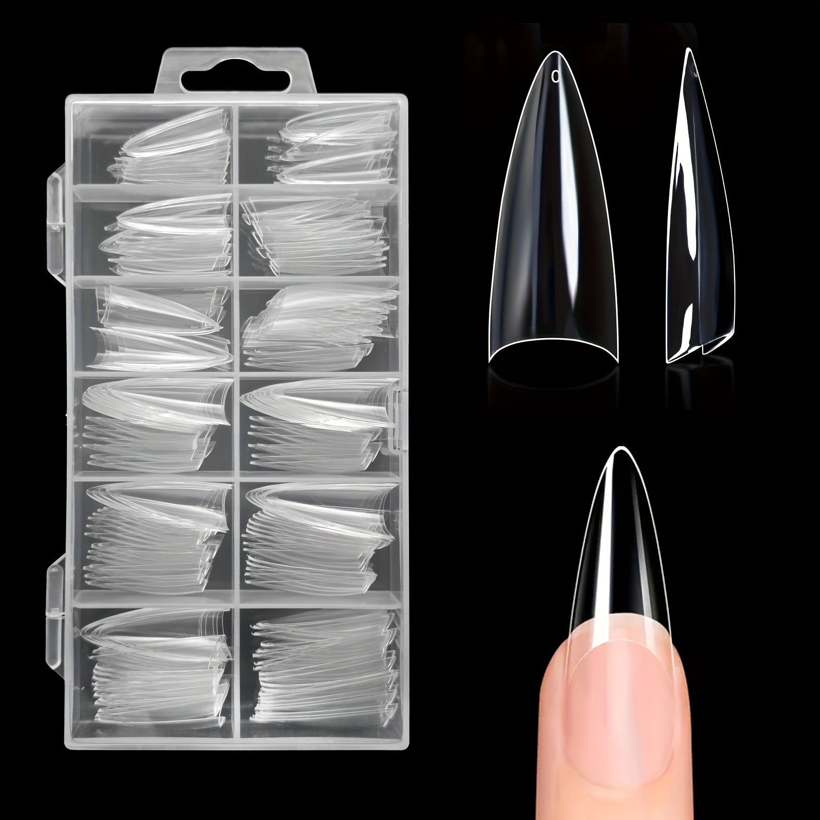 TEMU 240pcs Medium Stiletto Nail Tips - Almond Shape, Half Cover Fake Nails With Glossy Finish, Transparent & Clear, Manicure And Pedicure, Manicure