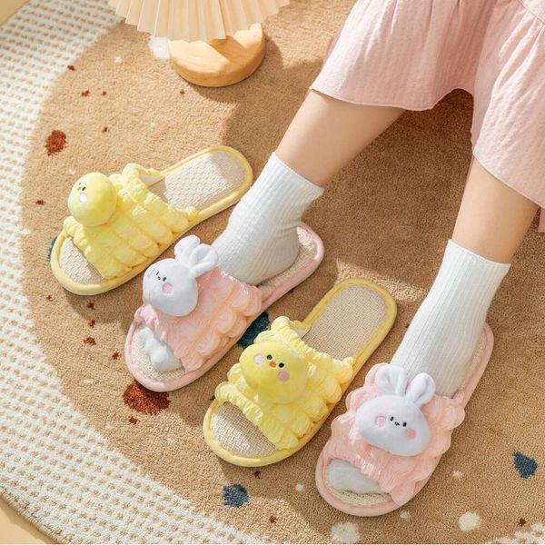 Cartoon Bubble Linen Slippers Girls Open Mouth Cool Slippers Home Indoor Fabric Slippers Female free shipping size