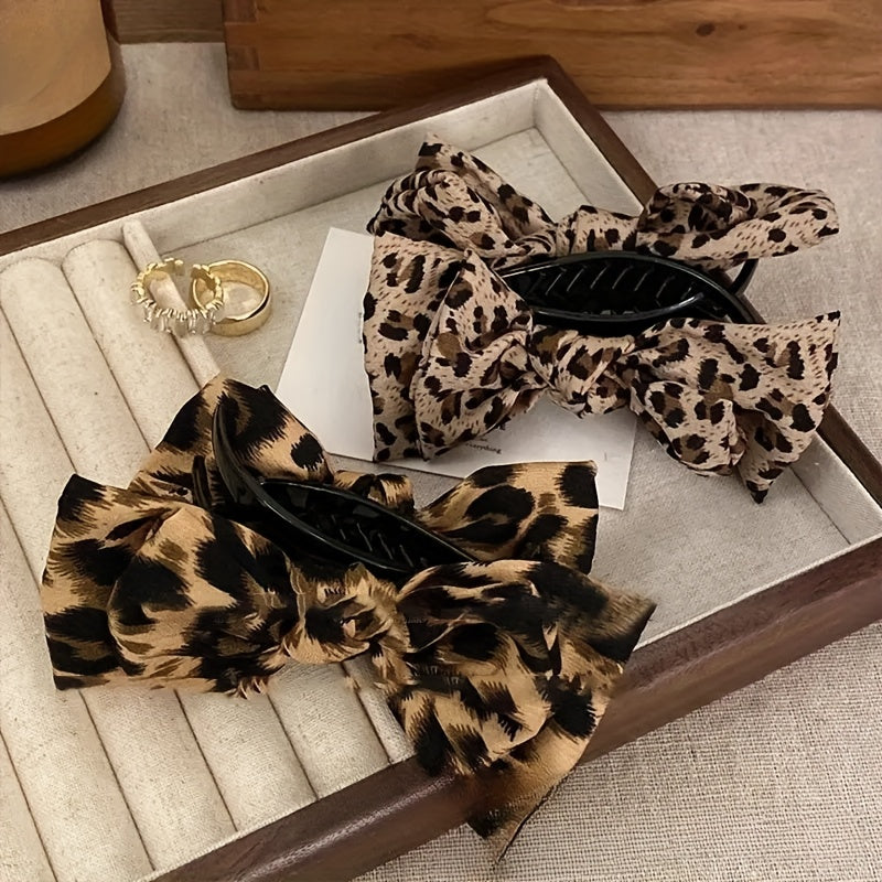 TEMU 2pcs Elegant Leopard Print Bow Hair Clips For Women - Stylish High Ponytail Holders With , Animal Print Design, Perfect For Updos And Buns, Hair