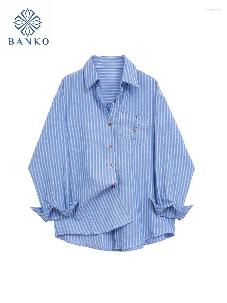 Women&#039;s Blouses Women Classical Striped Simple Blue Daily Polo-Neck Overshirt Spring Summer Office Lady Casual Basic Shirts Preppy Style